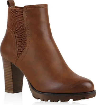 Produktbild von Mytrendshoe Gef?tterte Chelsea Boots Damen Block Absatz Stiefeletten 812569, Farbe: Hellbraun, Größe: 38