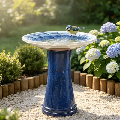 Produktbild von Keramik-Vogelbad Ø43x45cm, Verlaufsglasur, Schuppenrelief, wetterfest, frostsicher, Garten. Blue