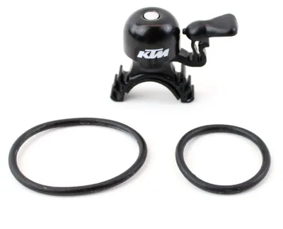Produktbild von KTM Mini Fahrrad Klingel schwarz mit Logo und einfacher Anbringung