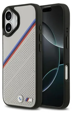 A BMW branded iPhone case is shown in a studio shot.