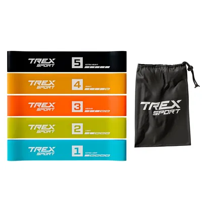 Produktbild von TREX SPORT Gymnastikband 5 Stück Set TX-065RBV Widerstandsband | Fitnessband 100% Latex, 1-18 kg, robust, elastisch | Resistance Band Neon