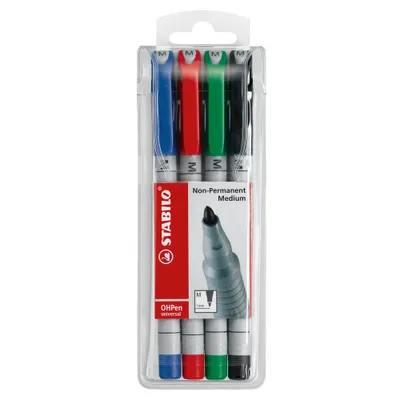 Image de Stylo pour transparents - STABILO OHPen universal - soluble dans l'eau moyen - pack de 4 - vert, rouge, bleu, noir