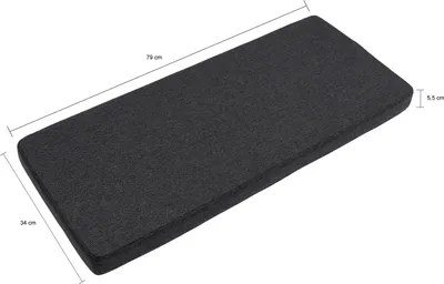 A dark gray cushion with dimensions indicated by lines and text.