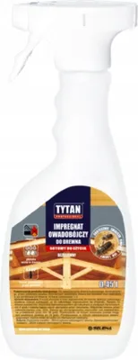 A white spray bottle with a label showing wood and insects.
