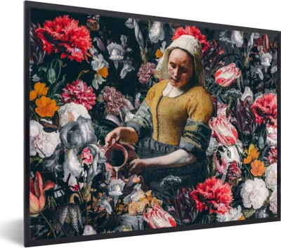 Produktbild von MuchoWow® Gerahmtes Poster Vermeer - Milchmädchen - Blumen 80x60 cm - Poster mit Schwarzem Bilderrahmen Wandposter Rahmen Foto Bilder - Schwarzem - Mit Gestell