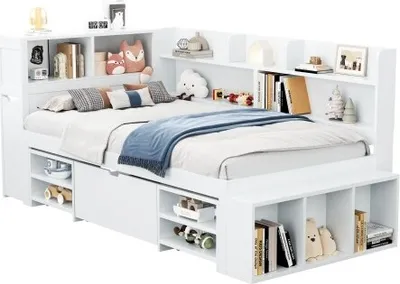 Produktbild von Kinderbett 90x200 Ohne Matratze Einzelbett Mit Schubladen Buecherregal Stauschrank Lattenrost Weiss