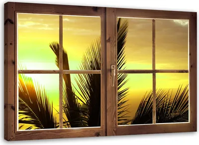 Produktbild von Leinwandbild fenster - blick auf palmenblätter 120x80 cm Feeby gelb wandbild bereit zum aufhängen