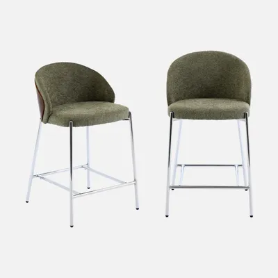 Produktbild von sweeek - 2er-Set Barhocker aus Pappelholz nussbaumfarben, und verchromten Stahl mit strukturiertem Stoffbezug - Khaki