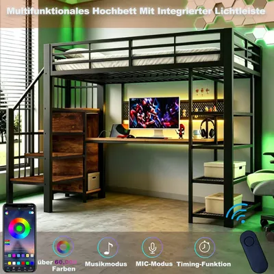 Produktbild von okwish Hochbett 90×200 mit Matratz und Viel Stauraum, Funktionsbett mit  Euro-Steckdosen und LED,Jugendbett mit Schreibtisch und Lochwand,Schwarz