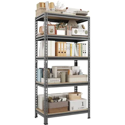 A multi-shelf storage unit filled with various items.