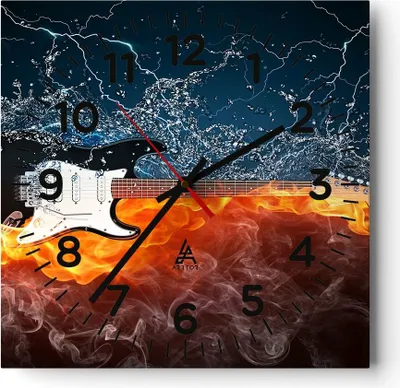 Produktbild von Wanduhr - Quadrat - Glasuhr - Gitarre Instrument Musik - 40x40cm - Schleichendes Uhrwerk - Lautlos - zum Aufhängen bereit - Dekoration Modern - Wanddekoration aus Glas - C4AC40x40-0215