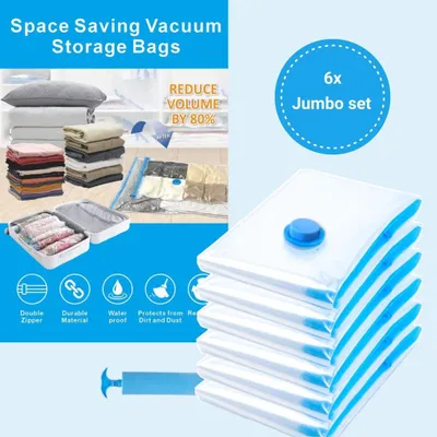 Produktbild von SpaceSaver Vakuum Aufbewahrungsbeutel Jumbo 6er Pack - spart 80% Platz für Kleidung, Bettdecken, Decken & Bettwäsche - Pumpe inklusive