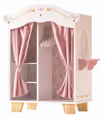 Produktbild von Puppenschrank Puppenkleiderschrank Puppengarderobe - 5 Kleiderbügel - Spiegel - Samtvorhänge - für 16-20 Zoll Puppen