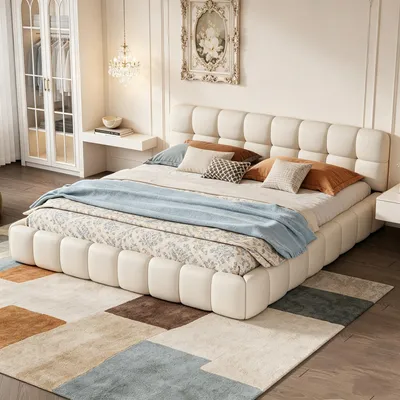 Image de INONEFT, lit rembourré 140x190 cm, modèle "Bubble", lit double avec dossier moelleux, lit pour adolescents avec sommier à lattes, lit plat avec bordure rembourrée, tissu en lin, couleur beige