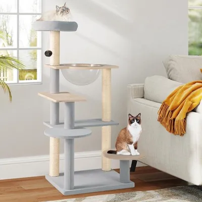 Image de Arbre à chat en bois avec plateformes et cabane - Griffoirs en sisal