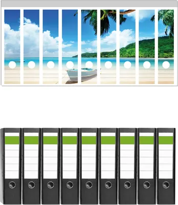 Produktbild von Wallario 9 Stück breite Ordner inkl. Klebeetiketten mit Motive Urlaub am Palmenstrand unter Palmen mit Fischerboot -  Set mit Rückenschildern / Ordnerrücken Stickern