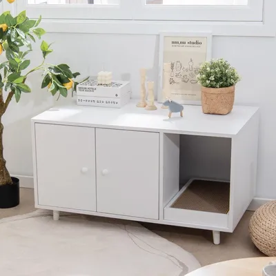Image de Table d'appoint et meuble pour chat 2 en 1 avec griffoir et bac à litière pour chat 90 x 50 x 50 cm Table basse blanche
