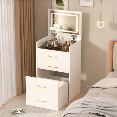 Produktbild von 3-in-1 Schminktisch mit Klarglasplatte und Hocker, 60x40x118 cm, Weiß