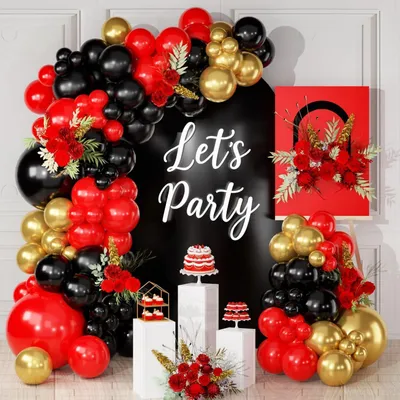 Image de Ballons noirs, dorés et rouges, 113 pièces, en latex, guirlande pour décoration d'anniversaire, de fête, de mariage ou de remise de diplôme
