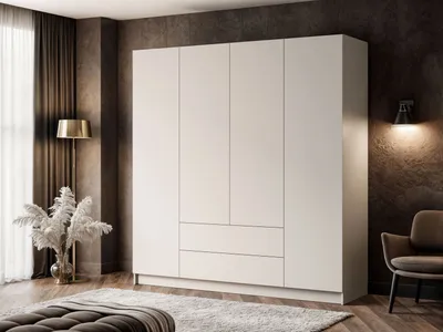 A modern bedroom with a large white wardrobe, a chair, and decorative plants.