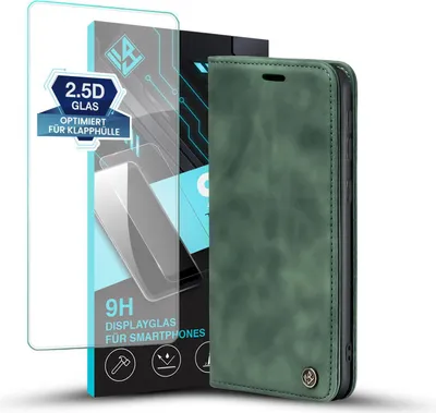 Produktbild von Handy Hülle für Samsung Galaxy A40 mit 9H Displayglas Klapphülle Bookcase Flip Cover Handy Tasche Etui Farbe: Grün