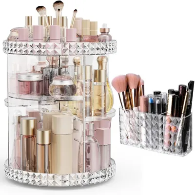 Produktbild von 2er Set Make-up Organizer,360° Drehbarer Kosmetik Organizer,Kristall Pinselhalter,Acryl Schminkaufbewahrung,Höhenverstellbar,Transparent,Lippenstift