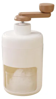 A white and brown manual ice crusher.