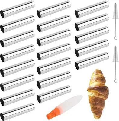 Produktbild von 20 Stück Cannoli-förmige Rohre, Cremehorn Set, Edelstahlformen, Croissantform mit 3 Reinigungsbürsten, Backformen für Cannoli, Gebäck, Pfannkuchen, 2 Stück