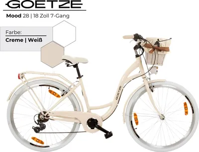 Produktbild von Goetze Mood 28 Zoll City Bike, 18 Zoll Tiefeinsteigerrahmen, 7-Gang Shimano Tourney, V-Bremse, LED-Beleuchtung, Komfortsattel, Rattankorb