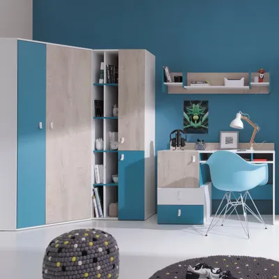 Produktbild von Jugendzimmer Set 4-teilig PITTSBURGH-133 mit Schreibtisch in weiß mit Eiche und blau