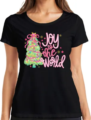Produktbild von Joy to the World Weihnachtsbaum Weihnachten Geschenk Pink Glitzer Damen T-Shirt, Schwarz, 3XL
