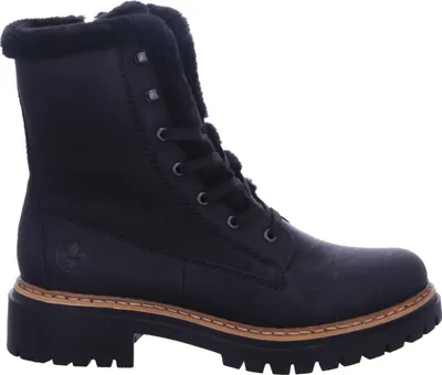 A black lace-up boot with faux fur lining.