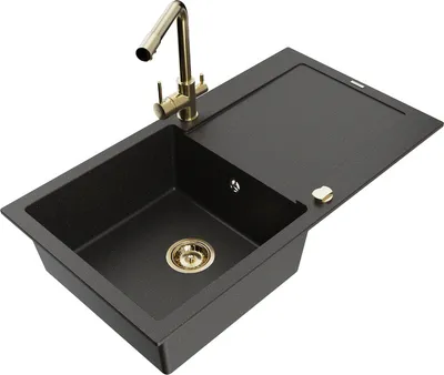 Produktbild von Mexen Leo 1 Becken-Granitspüle mit Abtropffläche und Mischbatterie Duero, Schwarz/Gold metallisch - 6501-75-671600-50-B