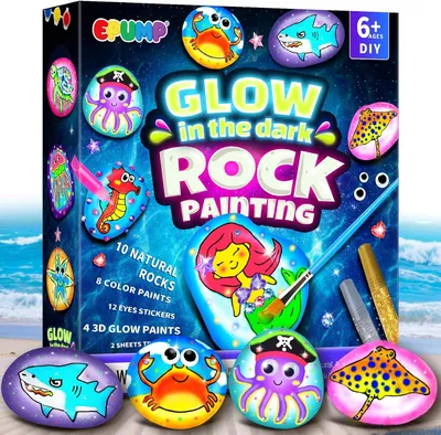 Image de Kit de peinture sur pierre pour enfants, comprenant 10 pierres naturelles, de la peinture acrylique, des couleurs phosphorescentes, de la colle à paillettes et des pinceaux