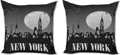 Produktbild von ABAKUHAUS NYC Szene Kissenbezug Set (2Stück), Typografie Illustrated in einer Grunge-Stil Nächtliche Stadt Rahmen, 50 x 50 cm, Grau Hellgrau