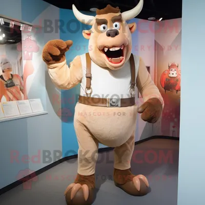 Imagen del producto de Personaje REDBROKOLY de traje de mascota Minotauro beige vestido con pantalones cortos y tirantes