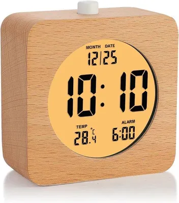 Image de Réveil numérique en bois, réveil en bois de 10 cm fonctionnant à piles, avec alarme sonore et lampe de chevet, horloge de bureau à écran LCD affichant l'heure, la date et la température (bois, 10 cm de côté)