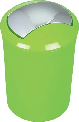 A green trash can with a silver swing lid.