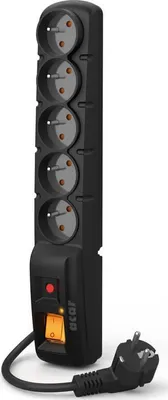 A black power strip with five outlets, a switch, and a plug is shown against a white background.