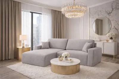 Image de Canapé d'angle avec fonction couchage et coffre de rangement, Ariel XL, velours, tissu Salvador, gris, gauche