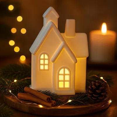 Produktbild von Porzellan Dekohaus Weiß mit LED & Timer - H: 22cm