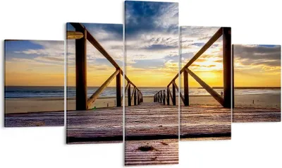 Produktbild von Bild auf Leinwand - Leinwandbild - Strand Ozean Sand Holzbrücke Sonnenuntergang - 125x70cm - Wand Bild - Wanddeko - Leinwanddruck - Bilder - Kunstdruck - Leinwand bilder - Wandkunst - EA125x70-0430