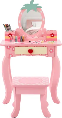 Produktbild von Rosa lackierte MDF-Aufbewahrungsbox mit Apfelmotiv, 1 Schublade und 2 Ablageflächen – Kinderschminktisch-Set