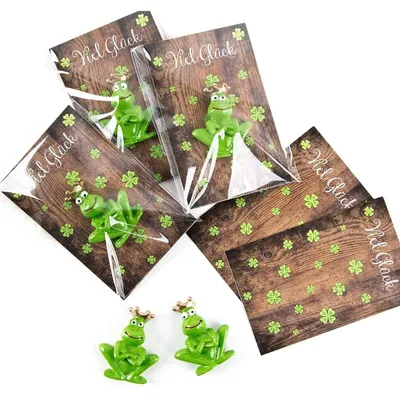 Produktbild von 10 kleine Geschenke - grüner Frosch + rustikales Kärtchen mit Text Viel Glück5 Stück