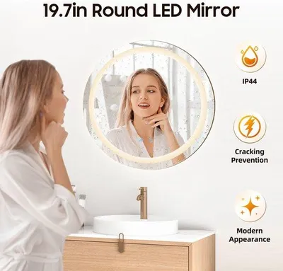 Obrázek produktu pro Kulaté zrcadlo do koupelny – průměr 50 cm – LED osvětlení – funkce proti zamlžování – montáž na zeď