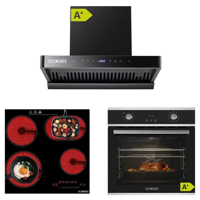 Produktbild von KB ELEMENTS Sparset, Einbauherd Set, Herdset, Glaskeramikkochfeld 60cm 7200 Watt, Dunstabzugshaube 60cm 1350 m³/h, Backofen 60cm 70 Liter, EEK A+