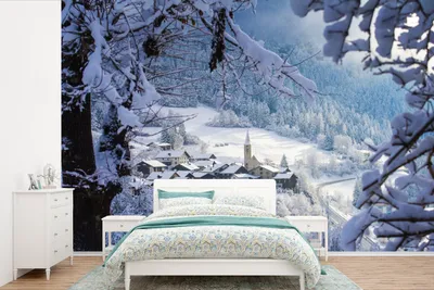 Produktbild von MuchoWow® Fototapete für Wohnzimmer oder Schlafzimmer Wandtapete Vinyl Motivtapete Alpen - Schnee - Dorf - 390x260 cm - Papiertapete