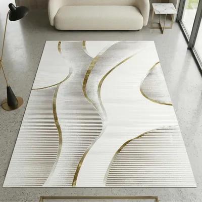 Produktbild von Kurzflorteppich Creme geschwungene Linien modern mit Glanzeffekt für Wohnzimmer und Schlafzimmer Größe - 200 x 290 cm