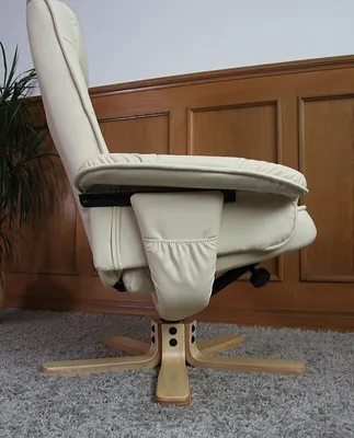 Zdjęcie produktu dla Fotel Relax M56, fotel TV Fotel TV z otomaną, stołek, imitacja skóry , drewno eukaliptusowe z certyfikatem   ~ kremowy