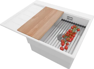 Produktbild von PRIMAGRAN Spülbecken Weiß 62x50cm, Granitspüle 1 Becken + Ablauf-Set + Küchenzubehörset, Küchenspüle ab 40er Unterschrank - Sydney